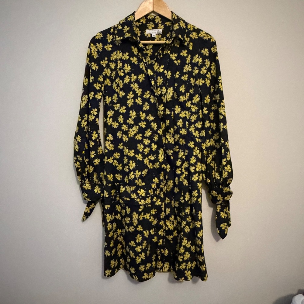 Derek Lam Collective Black Yellow Floral Button Front Tie Cuff Shirt Dress 38